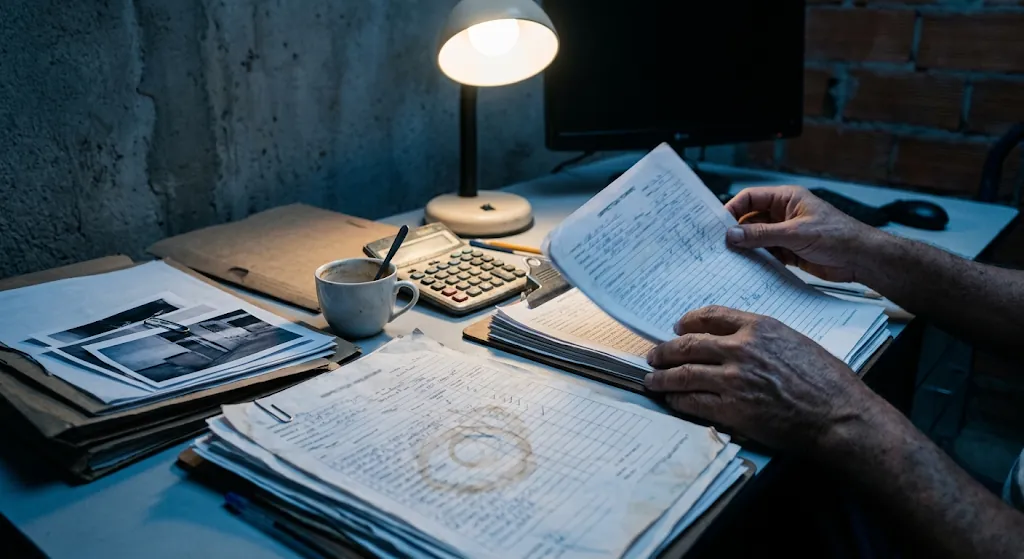 Fichas de vistoria em papel acumuladas na mesa no fechamento da produção do mês
